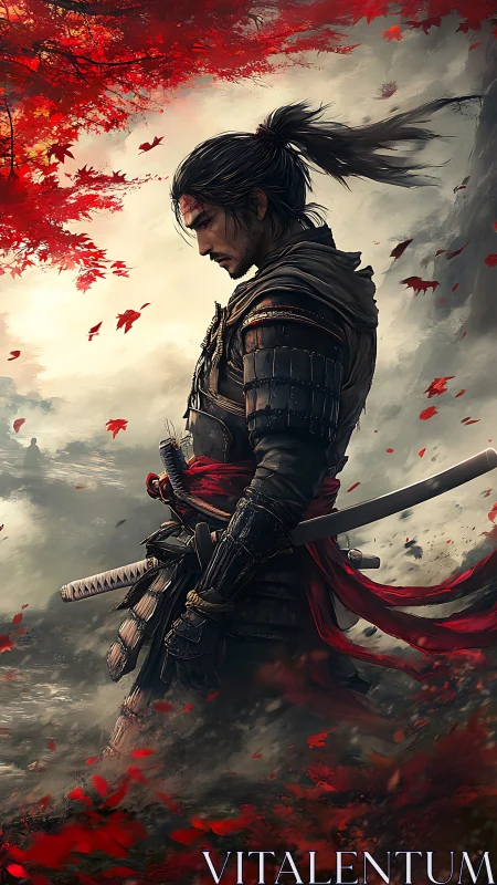 Samurai warrior in red autumn leaves, side profile scene.