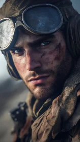 Weathered soldier portrait shows dirt, gear and focused gaze