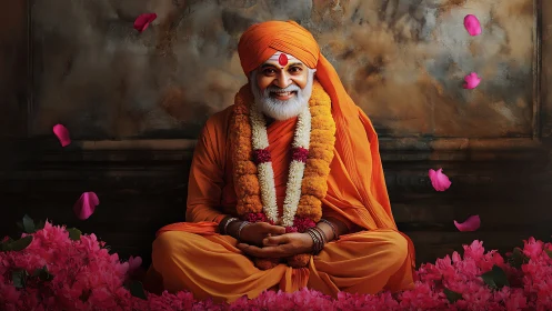 Smiling Hindu guru in saffron robes rendered as photoreal portrait