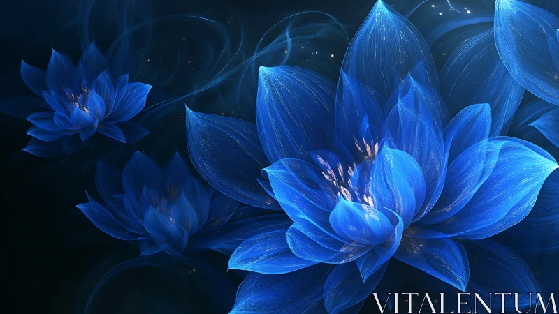 Luminous Blue Lotus Flowers Blooming in Darkness.