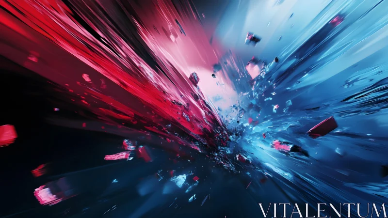 Abstract collision of red and blue shards in dynamic digital art.