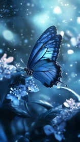 Blue butterfly resting on glowing night blossoms.