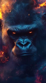 Fiery blue gorilla portrait with molten ember eyes.