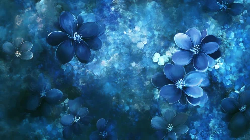 Digital rendering of five-petaled flowers in monochromatic blue palette