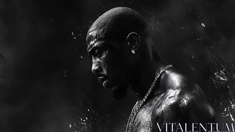 Storm-soaked silhouette of a resolute man in stark shadow.