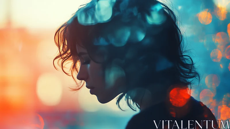 Silhouetted profile of pensive woman amid neon bokeh glow