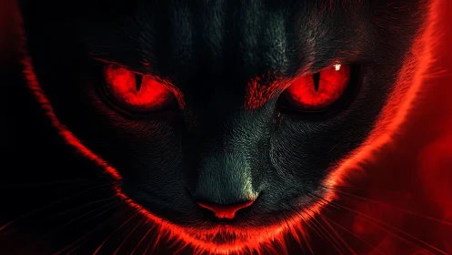 Close frontal digital rendering shows cat face with red eyes