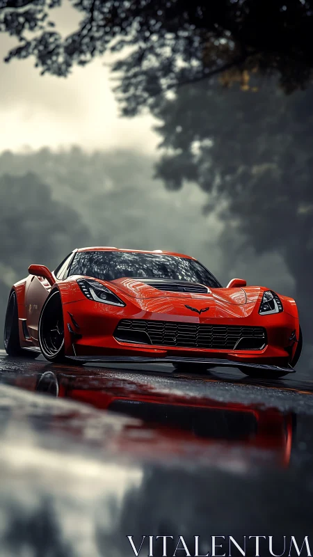 Sleek red sports car glides through misty forest road scene.