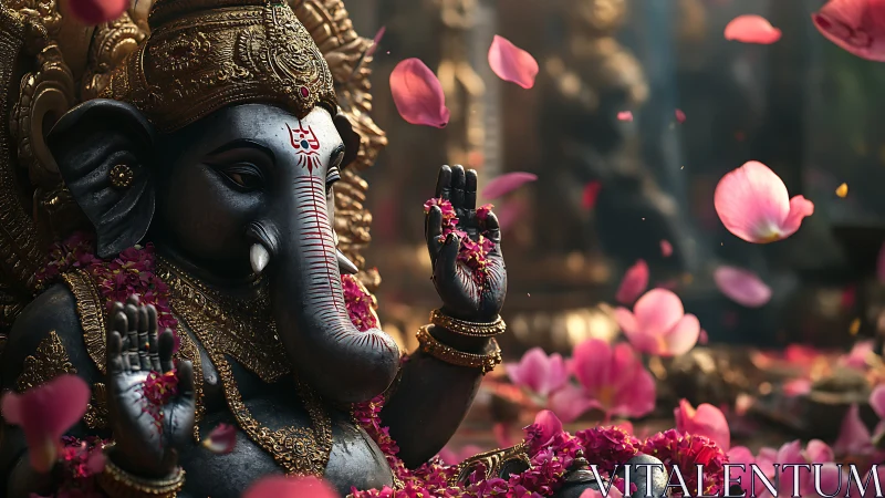 Ganesha statue receives cascading petals in ornate temple
