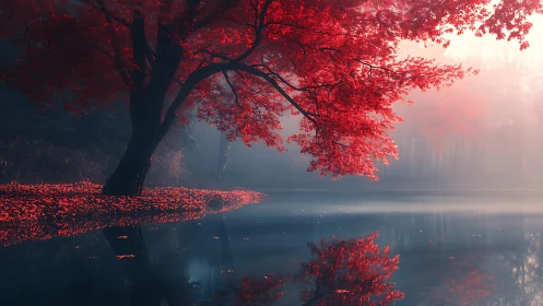 Red autumn tree over calm reflective lake in soft fog.