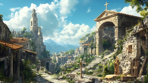 Sunlit ruined hilltop church rises above stone village