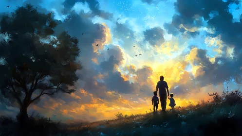 Sunset stroll with dad beneath a glowing painted sky.