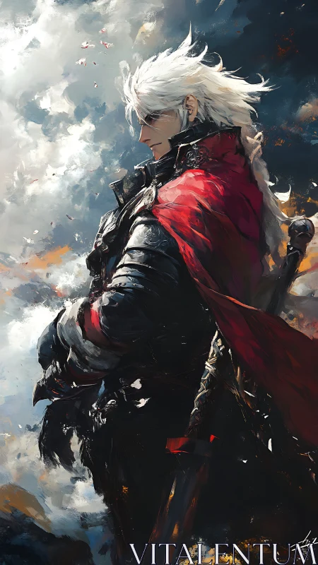 White haired armored swordsman in red cloak against storm sky
