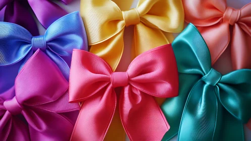 Colorful satin bows gathered in a joyful rainbow cluster.