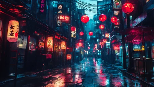 Neon rain falls softly over a lantern lit city alleyway