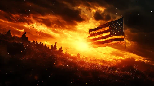 American flag silhouetted against massive inferno with crowds