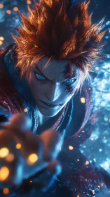 Flame-eyed warrior lunges through sparks and frozen storm.