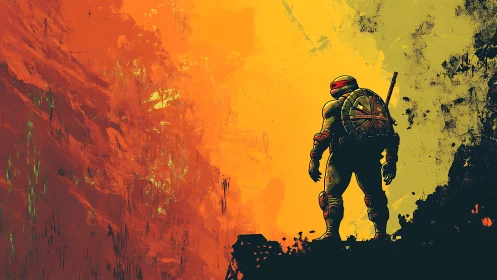 Armored turtle warrior silhouette on abstract cliff edge.