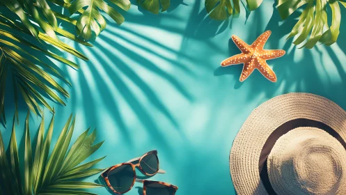 Sunlit tropical flatlay with hat, starfish and palm shadows.