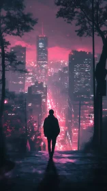 Wanderer in neon city glow, walking toward quiet wonder.