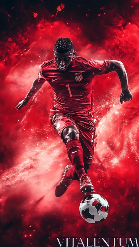 Dynamic footballer drives ball through red cosmic storm.