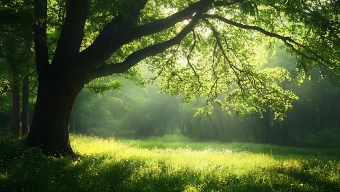Sunlit Forest Clearing with Majestic Tree, Tranquil Nature Scene.