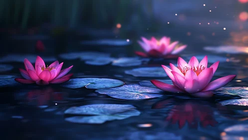 Serene pink water lilies glow softly across a twilight pond