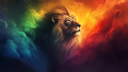 Lion profile within multicolored nebula-like cloud field.
