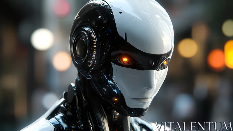 Futuristic humanoid robot gazes ahead in a neon cityscape