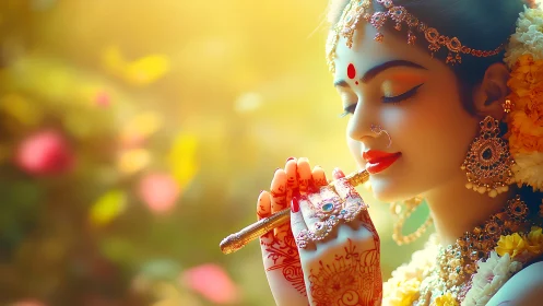 Golden dawn muse in ornate bridal grace and quiet prayer.