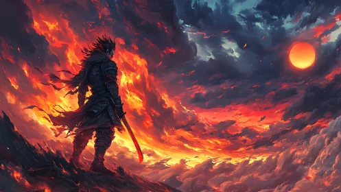 Armored warrior observing fiery sky and distant red sun.