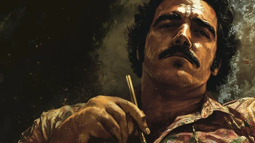 Brooding mustached man in painterly close-up portrait study.