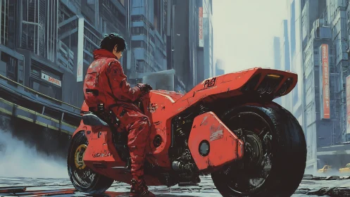 Motorcycle rider sits in dense urban street under tall towers
