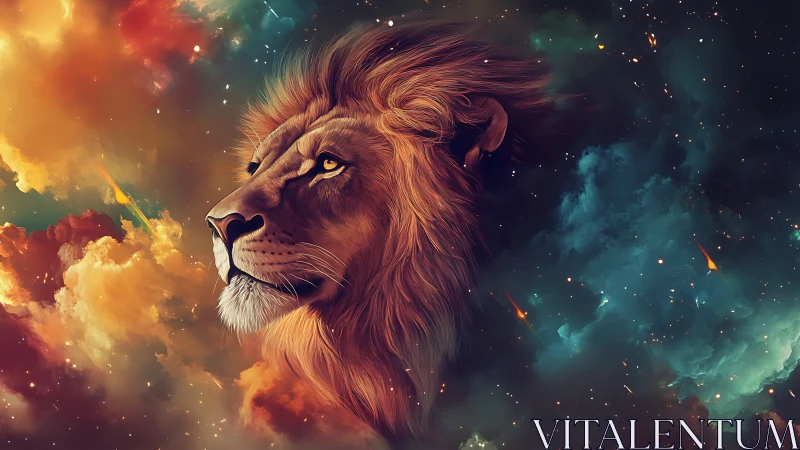 Majestic cosmic lion gazes through radiant nebula clouds.