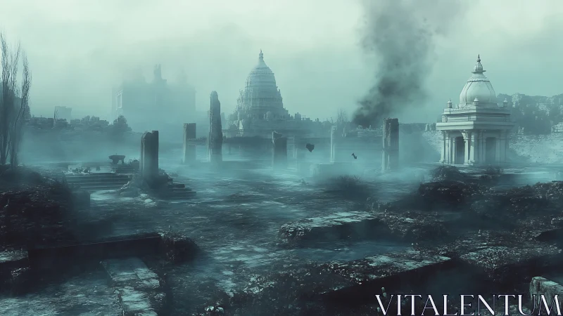 Mist over forgotten temples in a dreamy ruined cityscape.