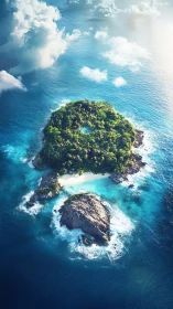 Verdant Island Surrounded by Turquoise Waters and White Foam