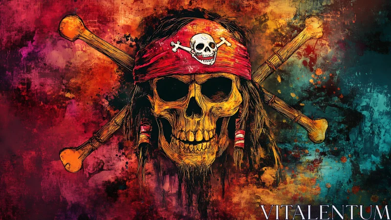 Vivid pirate skull with crossed bones on grunge background.