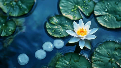 Quiet water lily glowing softly on a tranquil blue pond.