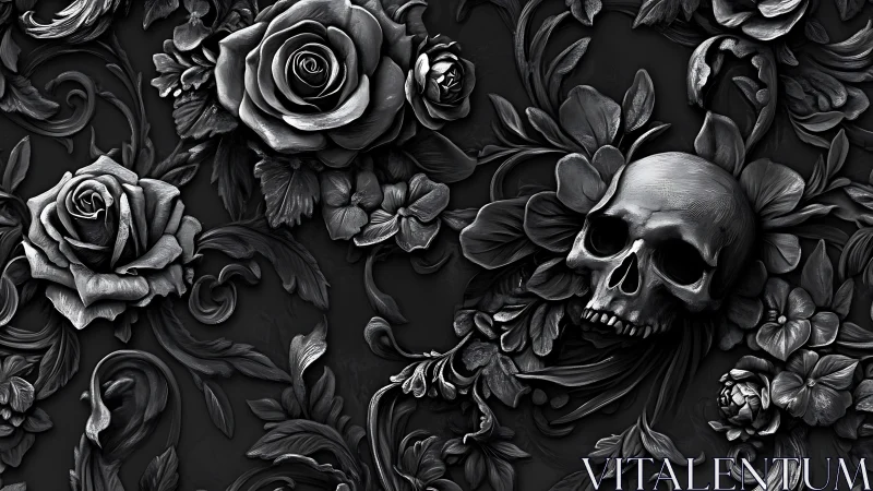 Monochrome skull entwines with carved roses and leaves