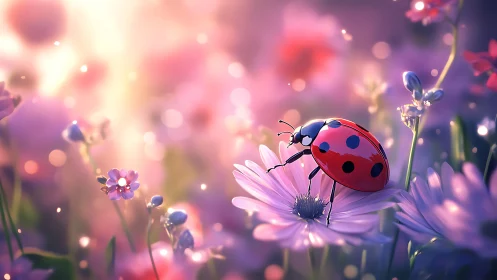 Ladybug on pastel wildflower in dreamy spring meadow.