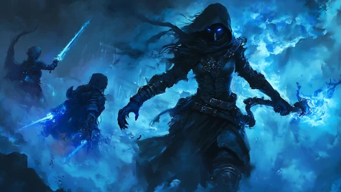 Midnight spellblade vanguard strides through storming blue fire.