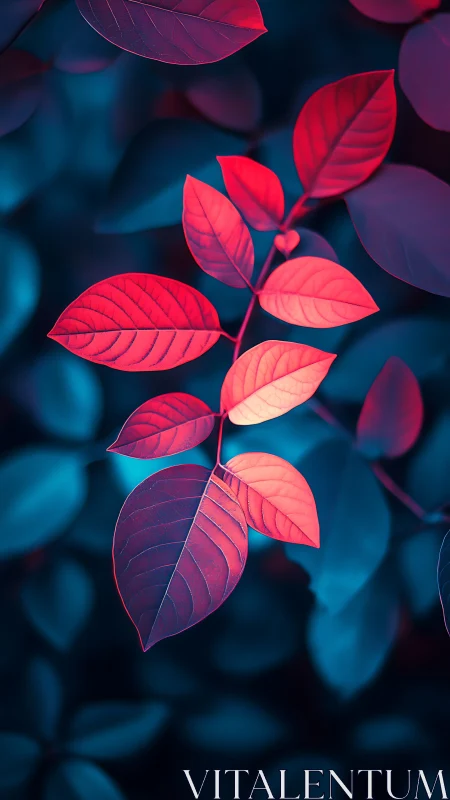 Red leaves against cool blue foliage background.