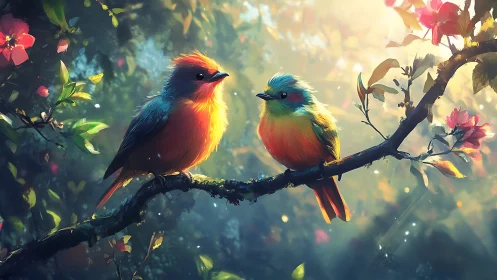 Two Colorful Birds on a Branch in Dreamy Digital Art Style.