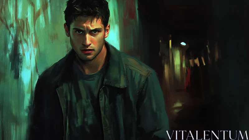 Brooding man stalks neon hallway in moody digital portrait.