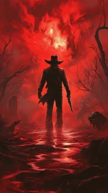 Lone armed figure in red infernal landscape with creatures.