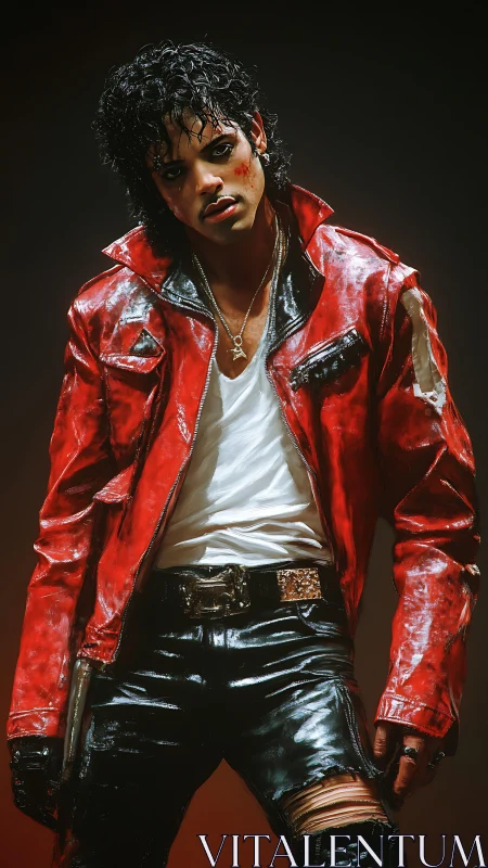 Bold red-jacketed performer standing in moody spotlight.