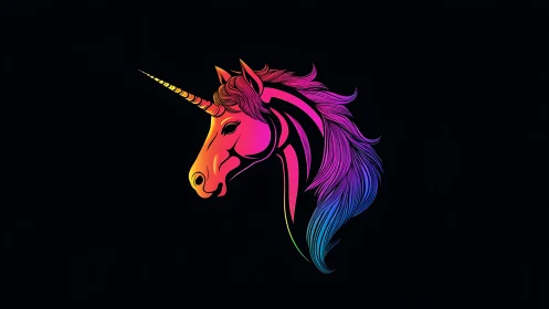 Neon rainbow unicorn portrait glowing in deep night sky.