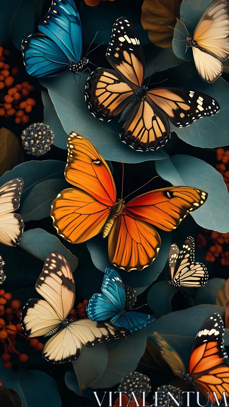 Vibrant butterflies glide over teal foliage in stylized macro