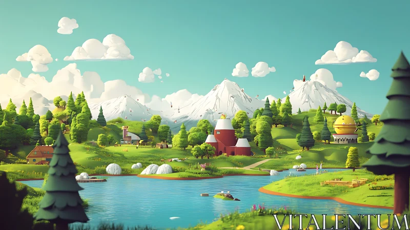 Playful mountain valley village by a bright blue lake.