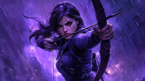 Violet archer holds a drawn bow in a neon drenched city